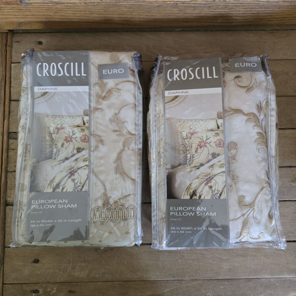 Croscill Daphne Euro Shams 26 x 26 Gold Polyester Corded Trim Embroidered